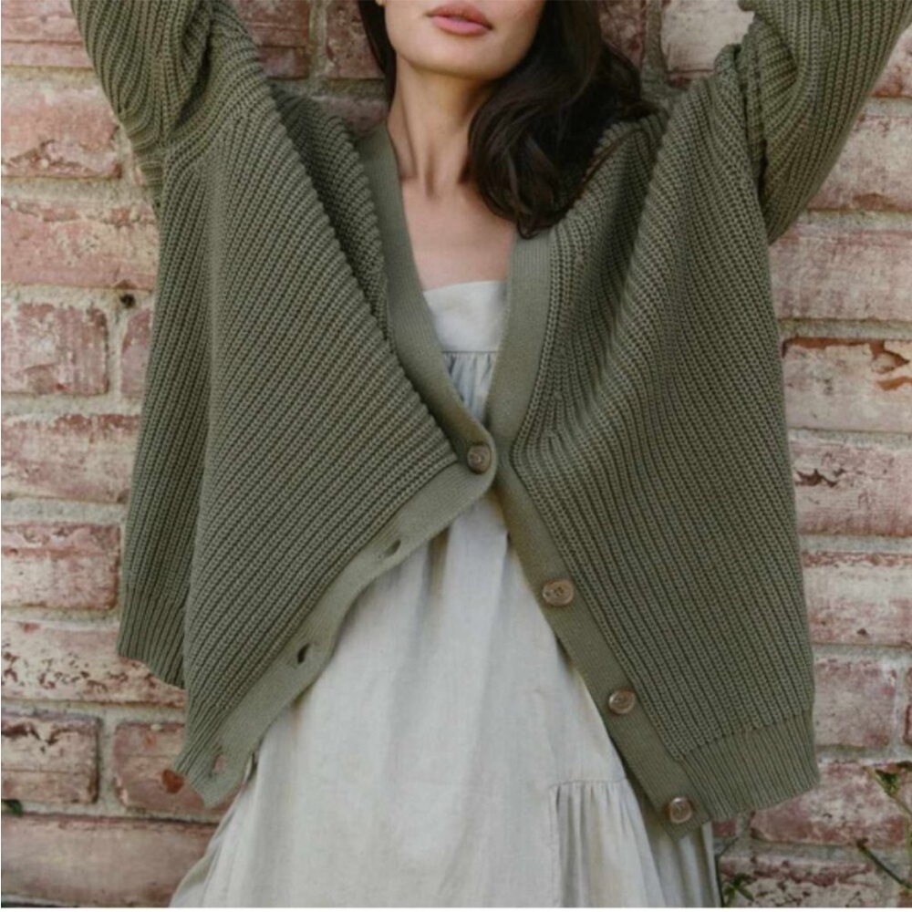 Jenni Kayne Green Chunky Knit Cardigan Sweater